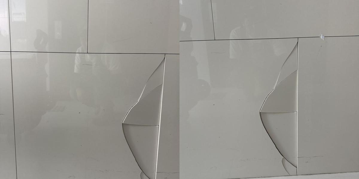 아파트 공용부 벽타일 교체 2번째 사진, 훼손 부위 · 정면