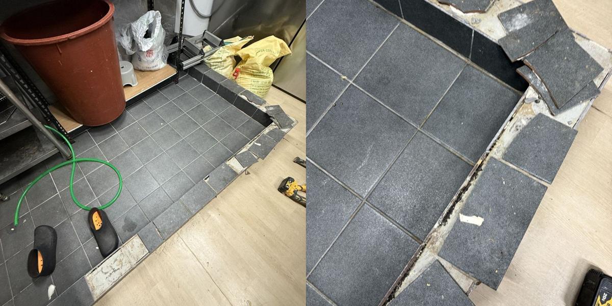 상가 주방 단 타일 보수 1번째 사진, 시공 전 · 들뜨고 깨진 단 타일
