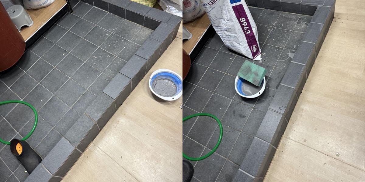 상가 주방 단 타일 보수 3번째 사진, 줄눈 시공 · 측면