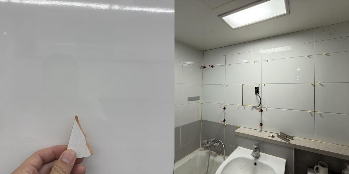 욕실 들뜬타일 재시공 4번째 사진, 떨어진 타일 조각