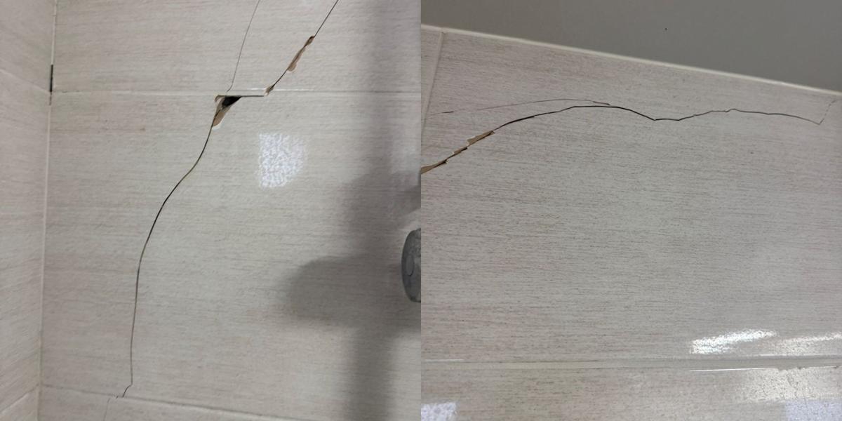 부평구 부평동 욕실 금 가고 깨진 타일 보수 1번째 사진, 시공 전 · 갈라지고 깨진 타일