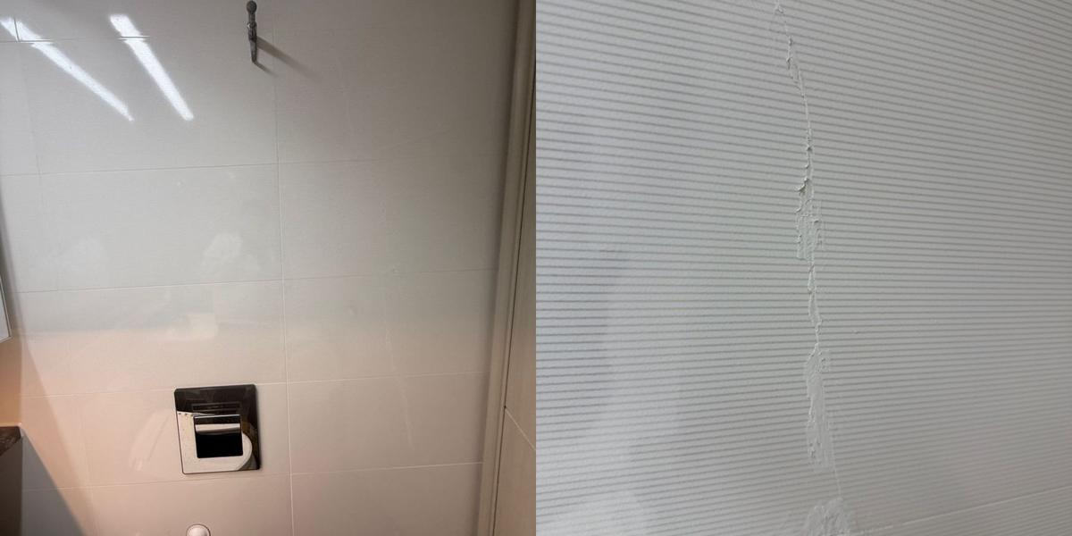 욕실 벽 깨진타일 재시공 1번째 사진, 시공 전 · 변기 뒤 벽
