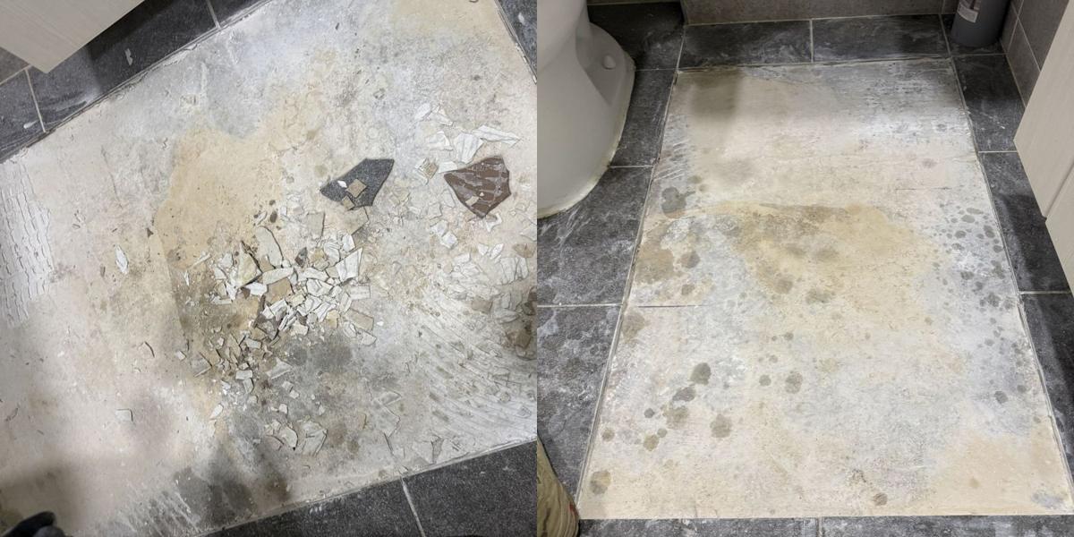 욕실 바닥 들뜬타일 재시공 3번째 사진, 들뜬 타일 철거