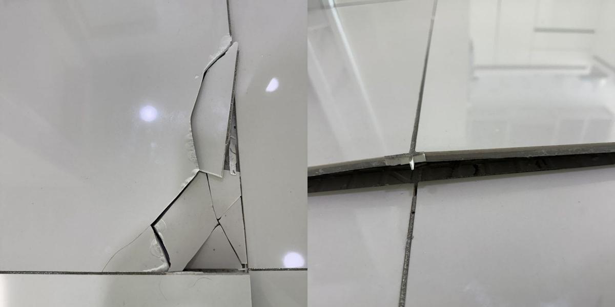 현관 앞 바닥 대형 타일 재시공 2번째 사진, 깨진 타일