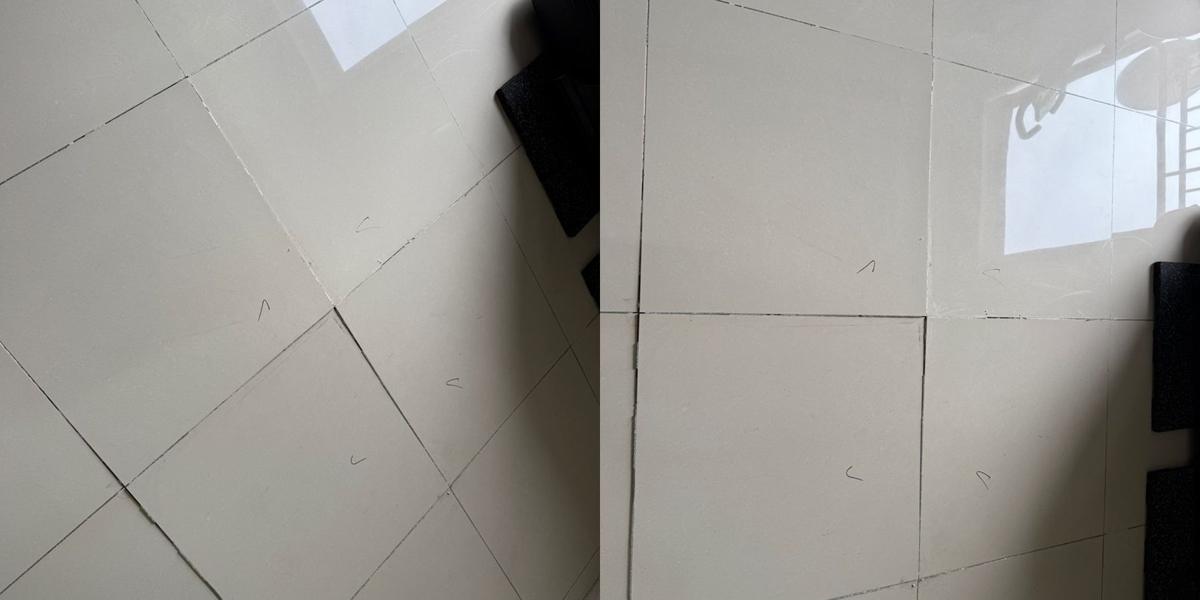 부평구 부평동 거실 바닥 들뜬 대형 타일 교체 1번째 사진, 시공 전 · 들뜬 바닥