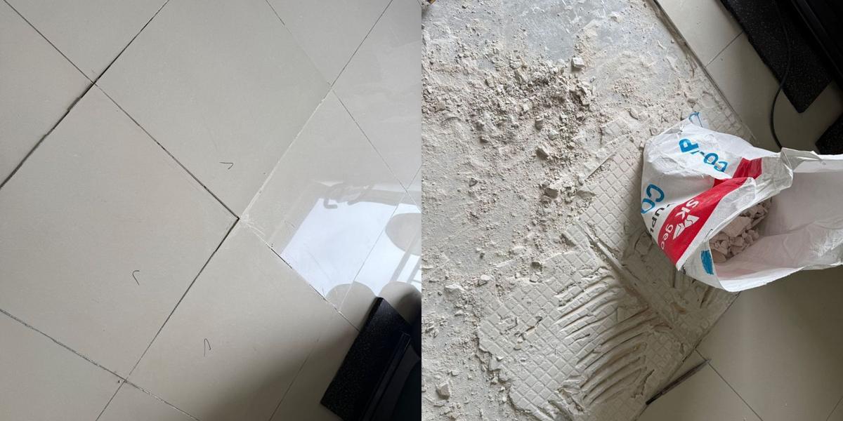 부평구 부평동 거실 바닥 들뜬 대형 타일 교체 2번째 사진, 시공 전 · 들뜬 타일 표시
